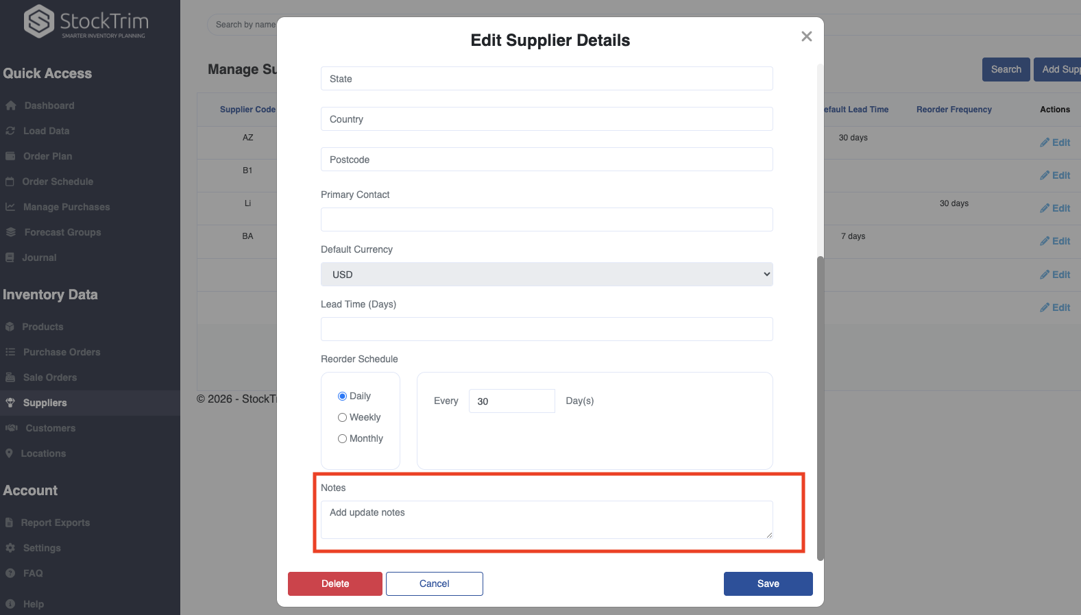Supplier update