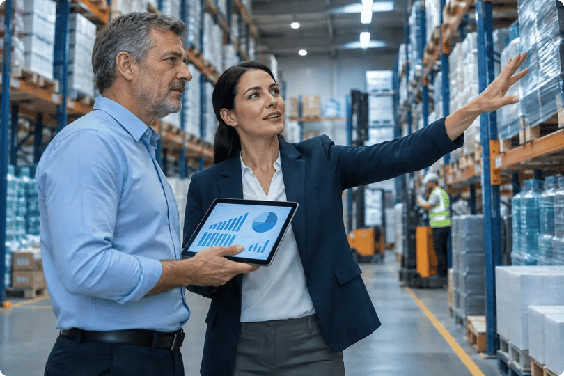 Two team members reviewing inventory forecasts on a tablet in a warehouse