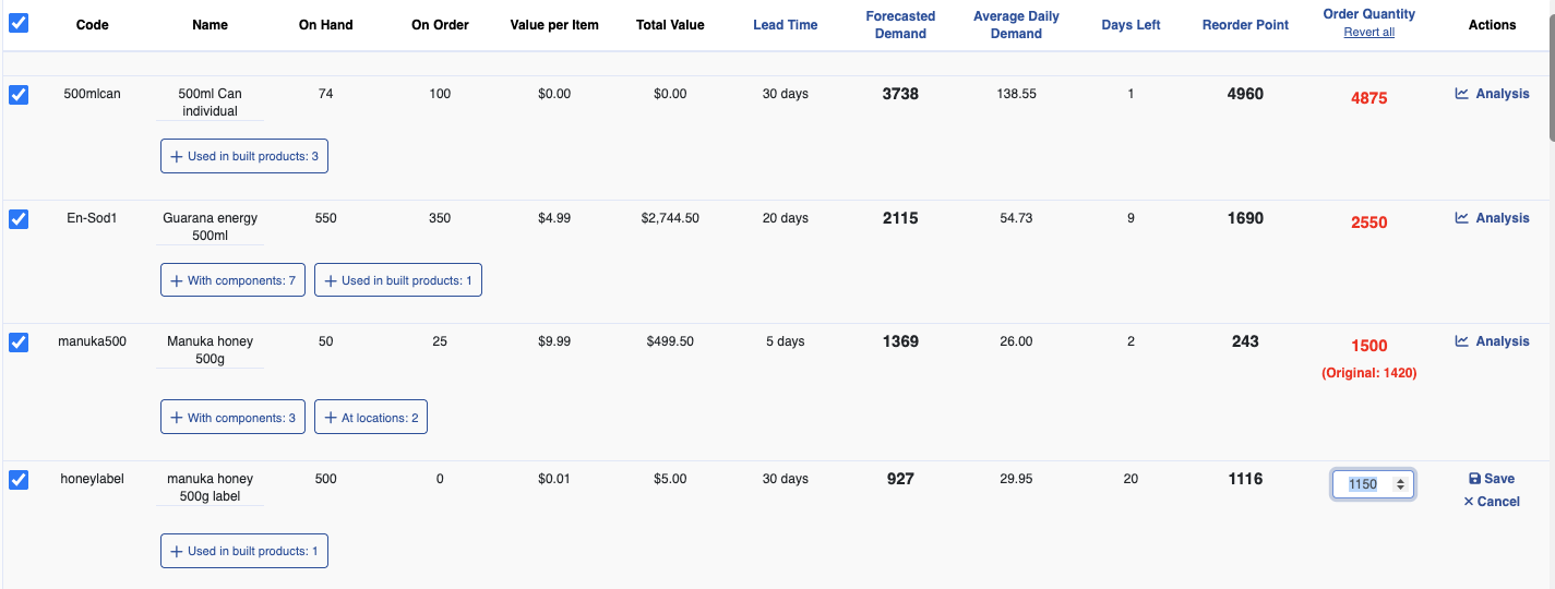 Inline Order Adjustments detail