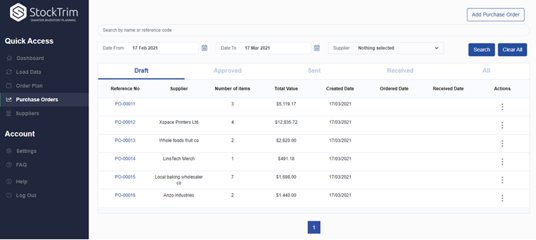 The purchase order (PO) add-on lets you manage the whole PO workflow, so you can draft, approve, send and receive orders.