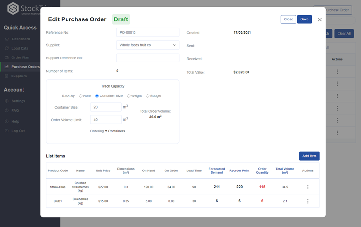 The purchase order (PO) add-on lets you manage the whole PO workflow, so you can draft, approve, send and receive orders.