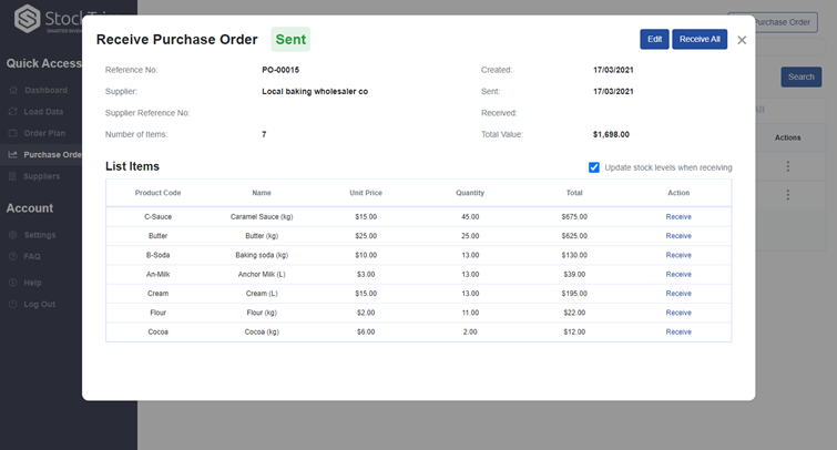 The purchase order (PO) add-on lets you manage the whole PO workflow, so you can draft, approve, send and receive orders.